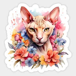 A sphynx cat decorated with beautiful watercolor flowers Sticker